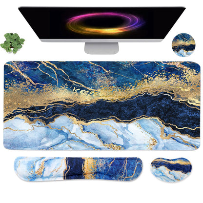 4-in-1 Large Gaming Mouse Pad, Keyboard Wrist Rest Pad & Wrist Support Mousepad Set, Extended Desk Pad Waterproof Desk Mat for Home Office Study Game - Blue Gold Marble