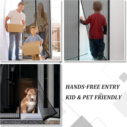 Magnetic Screen Door - Self Sealing, Heavy Duty, Hands Free Mesh Partition Keeps Bugs Out Let Breeze in- Pet and Kid Friendly - Keep Open Feature (Black, Fit Door Size 32 x 78 Inch)