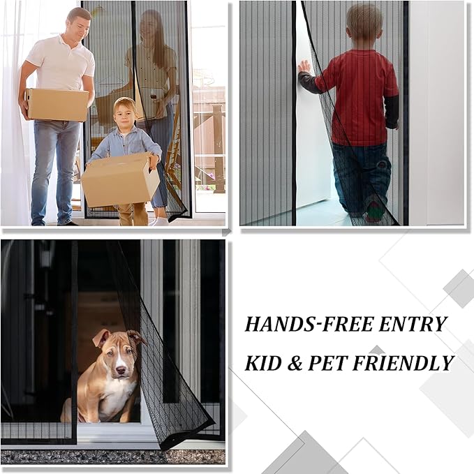 Magnetic Screen Door - Self Sealing, Heavy Duty, Hands Free Mesh Partition Keeps Bugs Out Let Breeze in- Pet and Kid Friendly - Keep Open Feature (Black, Fit Door Size 48 x 80 Inch)