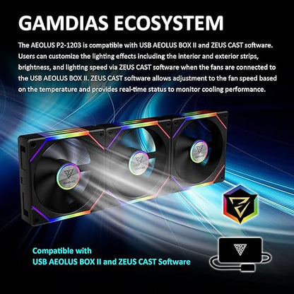 GAMDIAS 120mm PWM ARGB Case Fan x3 & 3 Reverse Blades Included, Sync with ARGB Motherboards, Easy Cable Management with Cabless Daisy Chain, Quiet & 75CFM Airflow with 2400 RPM, Aeolus P2