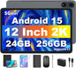 Tablet 12 inch Android 15 Tablets, 24GB（8+16）RAM+256 Storage(Expand to 1TB), Android Tablet with Keyboard, Octa-Core, 2K 2000x1200 Display, 16MP Dual Camera, 8000mAh, 5G WiFi,GPS,Bluetooth 5.0（Black）