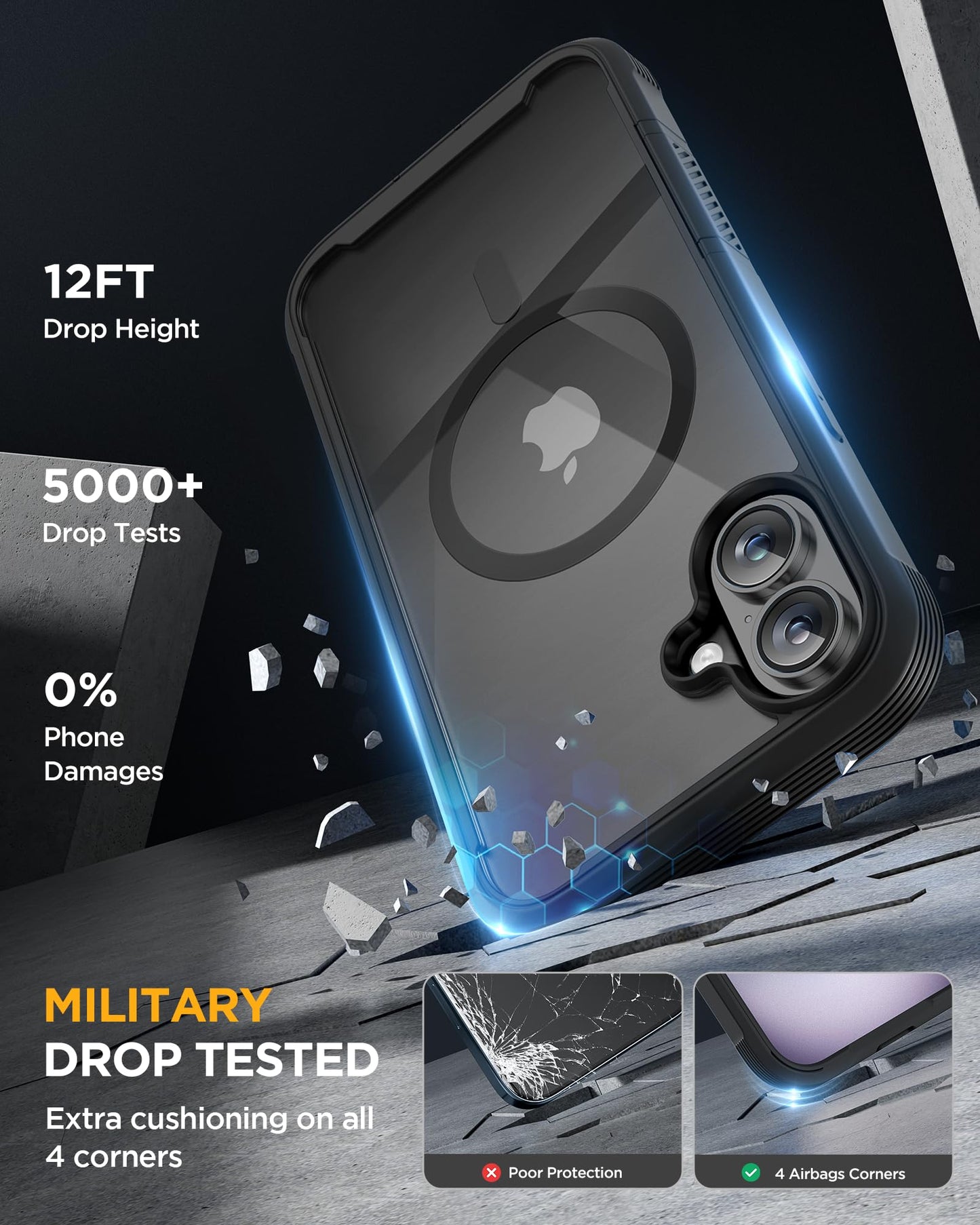 Miracase Magnetic for iPhone 16 Plus Case Full-Body Phone with Built-in Glass Screen Protector, [Compatible with MagSafe] Military Drop Proof 16 Plus Cover Bumper 6.7 inch, Black
