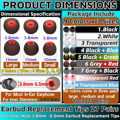54Pcs Earbud Replacement Tips，Ear Bud Rubber Tips Silicone Earbud Tips Earbud Covers Silicone Tips Headphone Covers for Ears Headphone Ear Covers Replacement (Inner Hole 3.8mm -5.1mm) 27 Pairs S M L