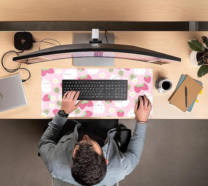 Pink Kawaii Desk Mat, Strawberry Field Desk Pad Large, Extended Mouse Pad Cute, XXL Laptop Computer Keyboard Mat Desktop Mouse Mat, Gaming Computer Pad Women Desk Decor Accessories 31.5"x15.75"