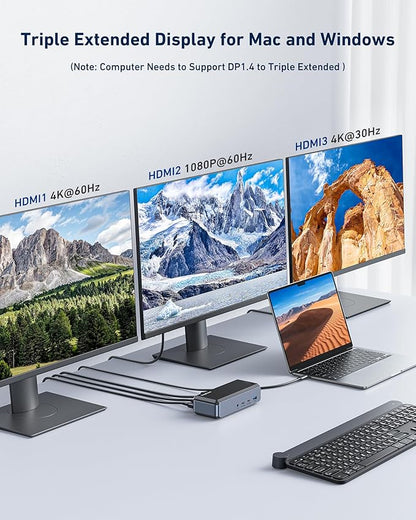 USB C Docking Station Triple Monitor, Raycue 15 IN1 MacBook Pro Docking Station with Power Adapter for MacBook M1/M2/M3/Windows, Laptop Docking Station with HDMI*3, RJ45, 10Gbps USB*5, PD, USB 3.0*2