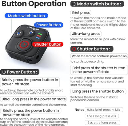 YDW Bluetooth Remote Control for INSTA360 X5 X4 X3 X2/Ace Pro2/Ace Pro/Ace/GO 3S/GO 3/ONE RS/ONE R/Gopro Hero13/12/11/10/9/8/Max/Mini,Wireless 50M Remote Control Range