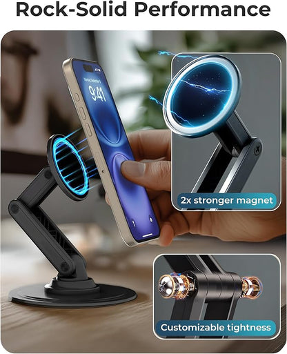 COOPER Magnetic Phone Stand for Desk, Mag360 Adjustable MagSafe Stand for iPhone 16 Pro Max, 15 14 13 12 & Plus | 360° MagSafe Phone Holder, Strong Magnetic Mag Safe, Foldable 3-Axis Leg (Black)