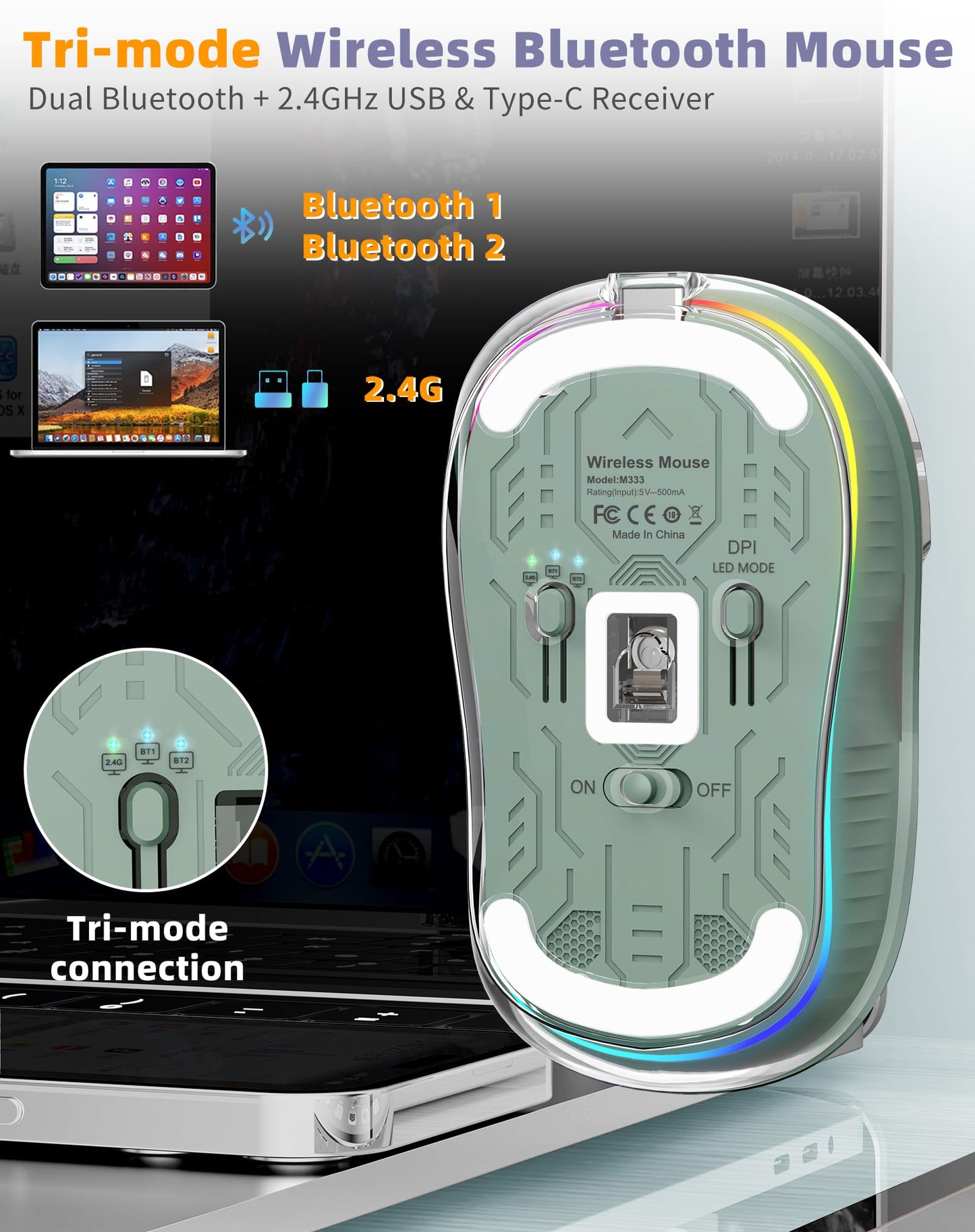 Bluetooth Wireless Mouse, Transparent RGB Tri-Modes Mouse,Bluetooth & 2.4GHz for Multi Device, USB-C Receiver Ideal for MacBook/Laptops, Rechargeable, Silent, Portable, Cool LED, Ergonomic - Green