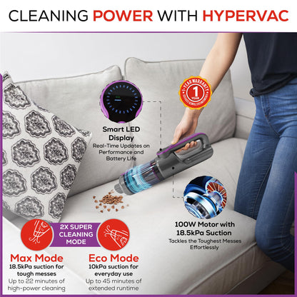 HyperVac 2-in-1 Handheld Portable Car Vacuum Cleaner & Blower, 18500Pa Suction, Corded/Cordless Air Duster with LED Light, Flexible Hoses, USB-C Fast Charge – Ideal for Home, Office & Pets