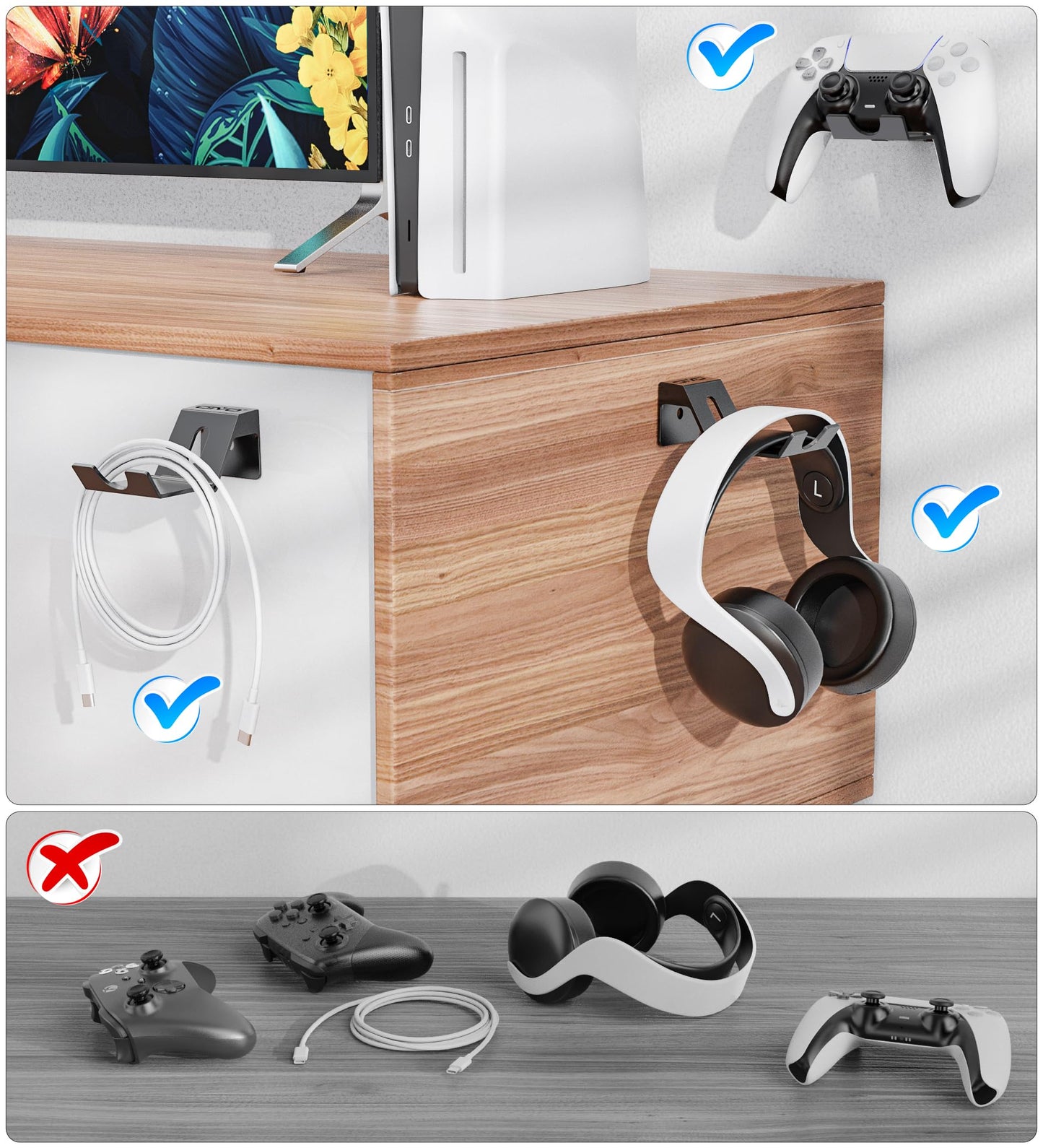 OIVO Controller & Headset Wall Mount Holder Stand, Foldable Headphone Stand, Gaming Controller Holder Hanger Hook, Universal Storage Organizer Controller/Earphone/Game Accessories-5 Packs