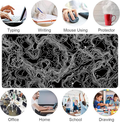 Black with White Topographic Line Large Mouse Pad,Gaming Keyboard Desk Pad,Extended Mouse Mat Non-Slip Rubber Base with Stitched Edges for Office Game Home XXL 35.4"x15.7"