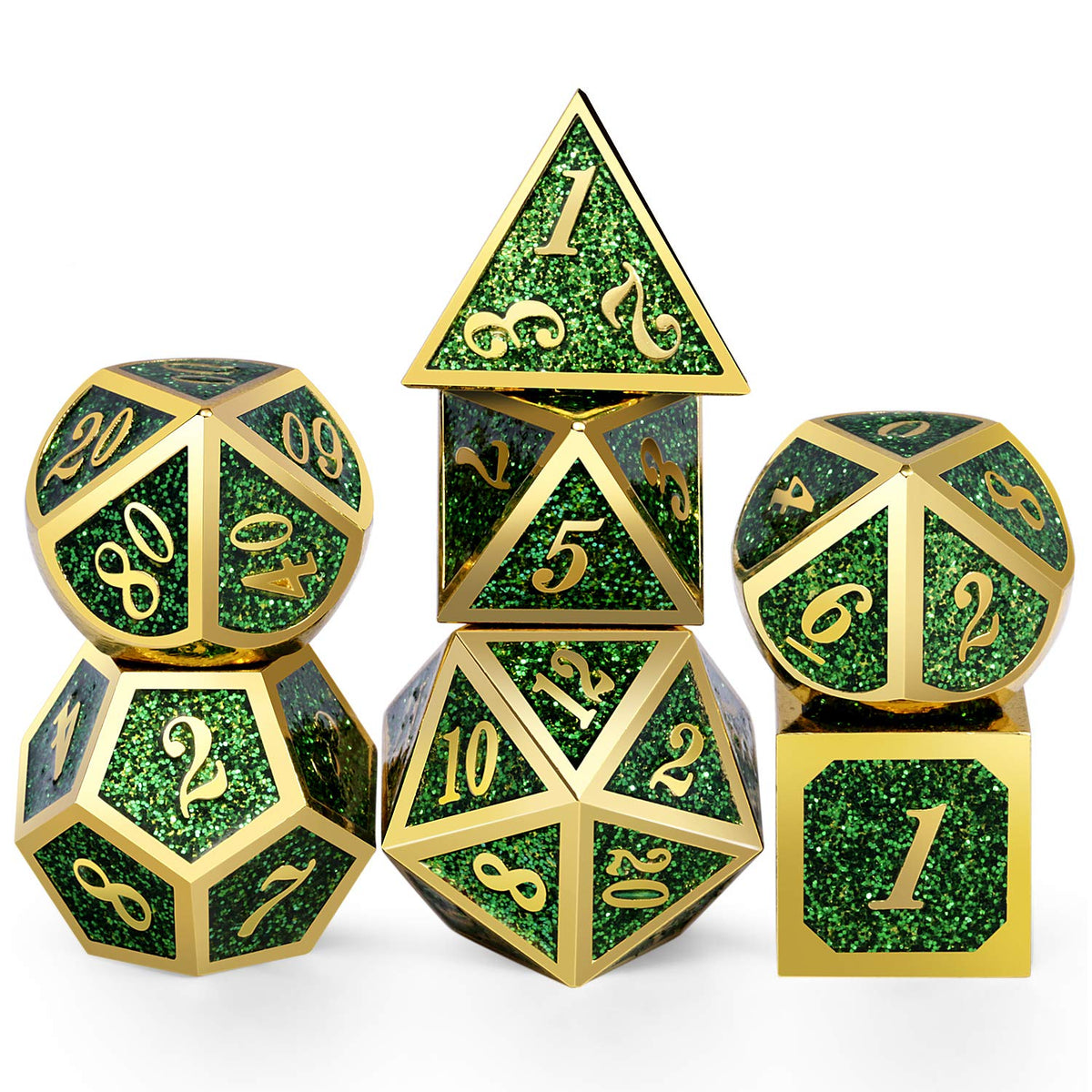 DNDND Metal Dice Set D&D, 7 die Metallic Polyhedral Dice Set with Gift Metal Box and Gold Number for DND Dungeons and Dragons Role Playing Games (Black and Gold)