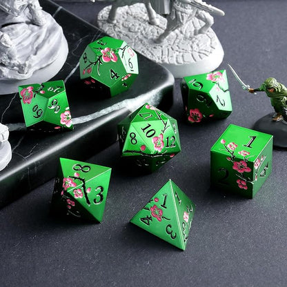 Matt Green Metal Dice Set, DNDND 7 PCS Heavy Metallic D&D Dice Set with Gorgeous Gift Case for Dungeons and Dragon Tabletop Game (Matte Green with Pink Flower)
