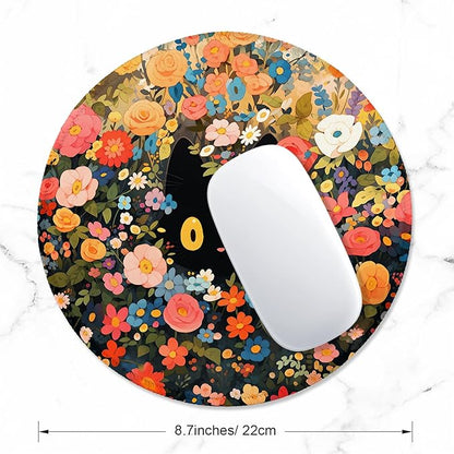 ITNRSIIET Round Mouse Pad with Stitched Edge Premium-Textured Waterproof Non-Slip Rubber Base Desktop Protection Mat Diameter 8.7 inches, Flower Cat