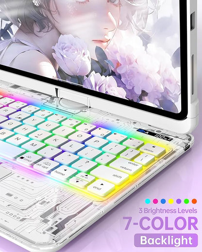 Intermerge Clear iPad A16 11th & 10th Generation 10.9" Case with Keyboard, 360° Transparent Multi-Touch Trackpad, 7-Color RGB Keyboard, Pencil Holder, Type-C, Power Indicator, Frost Pulse