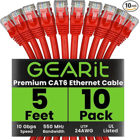 GEARit Cat 6 Ethernet Patch Cable 5 ft Red (10 Pack) Cat6 Patch Cables 5ft Red/Ethernet Patch Cable, 10Gbps 550MHz 24AWG Pure Copper, Snagless, Gold Plated RJ45 for Router, Server, Router, PC