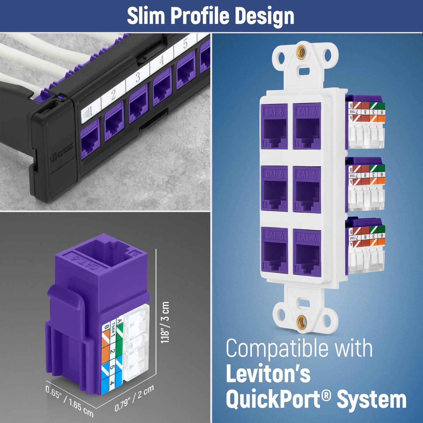 Everest 90 Degree RJ45 Cat6A Keystone Jacks Slim Profile 10-Pack Purple