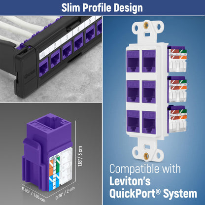 Everest 90 Degree RJ45 Cat6A Keystone Jacks Slim Profile 10-Pack Purple
