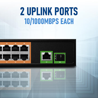 BV-Tech 18-Port Gigabit PoE+ Switch | 16 PoE+ Ports @ 120W & 2 Gigabit Uplink Ports | 802.3af/at 30W/Port | Unmanaged Plug and Play | for IP Cameras & Access Points