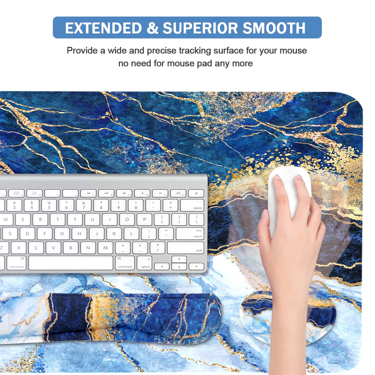 4-in-1 Large Gaming Mouse Pad, Keyboard Wrist Rest Pad & Wrist Support Mousepad Set, Extended Desk Pad Waterproof Desk Mat for Home Office Study Game - Blue Gold Marble