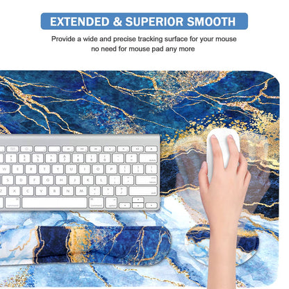 4-in-1 Large Gaming Mouse Pad, Keyboard Wrist Rest Pad & Wrist Support Mousepad Set, Extended Desk Pad Waterproof Desk Mat for Home Office Study Game - Blue Gold Marble