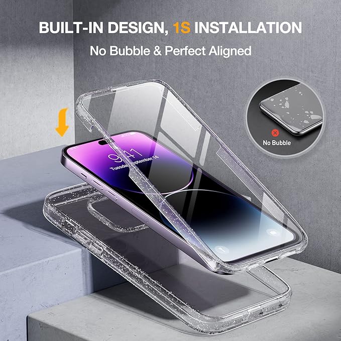 Miracase Glass Series Designed for iPhone 14 Pro Case 6.1 Inch, Upgrade Full-Body Bumper Case with Built-in 9H Tempered Glass Screen Protector, with Camera Lens Protector, Glitter Clear