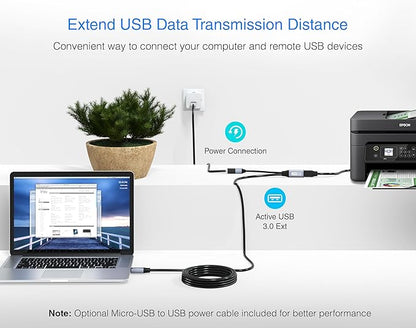 BlueRigger USB 3.0 Extension Cable (15FT, Active, 5 Gbps, Type A Male to Female Adapter Cord) - Long USB Repeater Extender for VR Headset, Printer, Hard Drive, Flash Drive, Keyboard, Mouse, Xbox