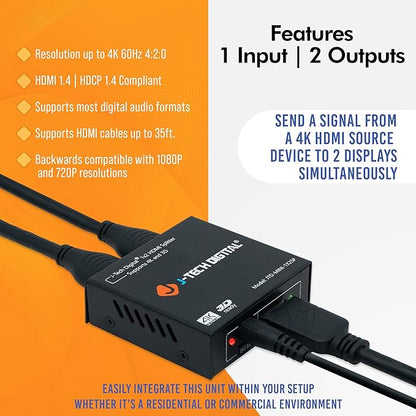 4K@60 HDMI Splitter 1 in 2 out 1X2 Powered Splitter for Dual Monitors by J-Tech Digital [JTD-MINI-1X2SP]