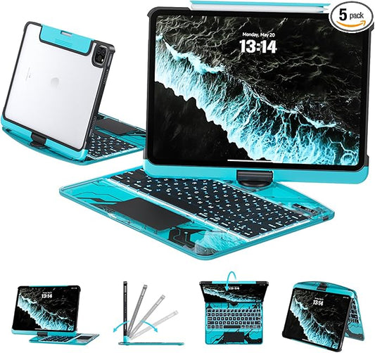 Transparent Case with Keyboard for iPad 9th (7th, 8th, and 9th Gen) 10.2 Inch,with 7-Color Backlit Wireless Keyboard,360°Rotatable Protective Case Multi-Touch Trackpad,with Pencil Holder,Blue