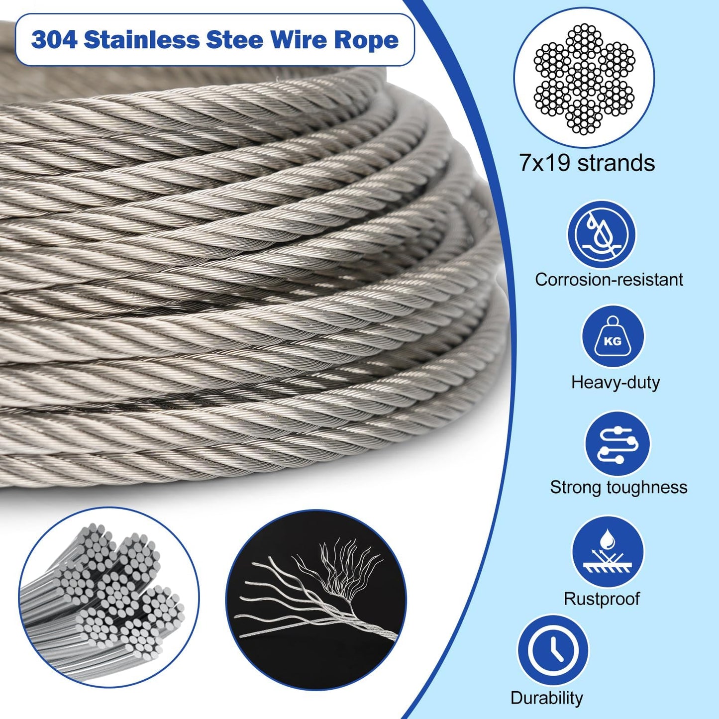 TooTaci 3/16" Stainless Steel Cable, 100ft Wire Rope with Aluminum Crimping Sleeve&Thimbles, 7x19 Strands, 3700lbs Breaking Strength Heavy Duty Aircraft Cable for Zipline, Deck Railing, Shade Sail