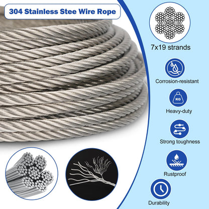 TooTaci 3/16" Stainless Steel Cable, 100ft Wire Rope with Aluminum Crimping Sleeve&Thimbles, 7x19 Strands, 3700lbs Breaking Strength Heavy Duty Aircraft Cable for Zipline, Deck Railing, Shade Sail