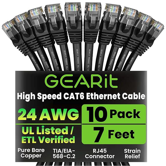 GEARit Cat 6 Ethernet Patch Cable 7 ft Black (10 Pack) Cat6 Patch Cables 7ft Black/Ethernet Patch Cable, 10Gbps 550MHz 24AWG Pure Copper, Snagless, Gold Plated RJ45 for Router, Server, Router, PC