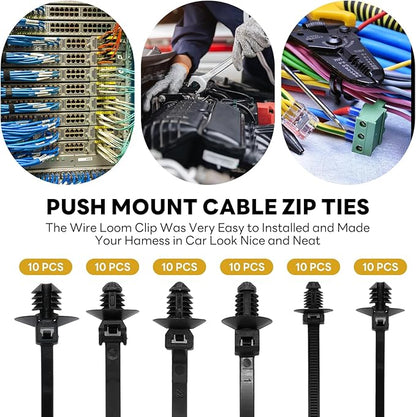 60 Pcs Push Mount Cable Ties Assorted Sizes, Black Nylon Push Mount Zip Ties Wire Harness Clips, 6-Types Snap in Zip Ties Self Locking Automotive Wire Ties for Wire Tying, Automotive