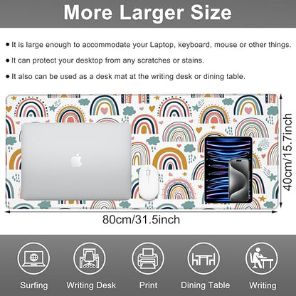 Mouse Pad, Large Boho Rainbow Desk Mat, Extended Non-Slip Gaming Keyboard Mousepad Desk Pad, Thick Stitched Edges Waterproof Mouse Mat 31.5"x15.7" (Scandi Rainbow and Stars Clouds)