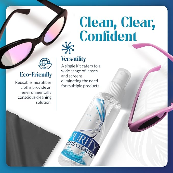 Purity Eyeglass Lens Cleaner Kit - 2 x 8oz and 1 x 2oz Lens Cleaner Spray Bottle + 2 Microfiber Cleaning Cloths - Safe for All Lenses (AR Coated Included), Eyeglasses and Screens - Clear