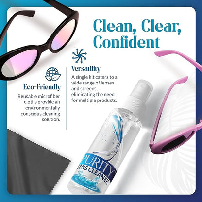 Purity Eyeglass Lens Cleaner Kit - 2 x 8oz and 1 x 2oz Lens Cleaner Spray Bottle + 2 Microfiber Cleaning Cloths - Safe for All Lenses (AR Coated Included), Eyeglasses and Screens - Clear