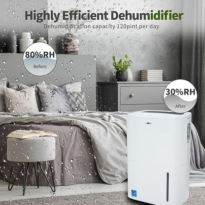 Uhome 120 Pints Dehumidifier with Drain Hose - 6000 Sq. Ft Quiet Dehumidifier for Home, Basements, Storages and Large Rooms with 1.32Gallon Water Tank