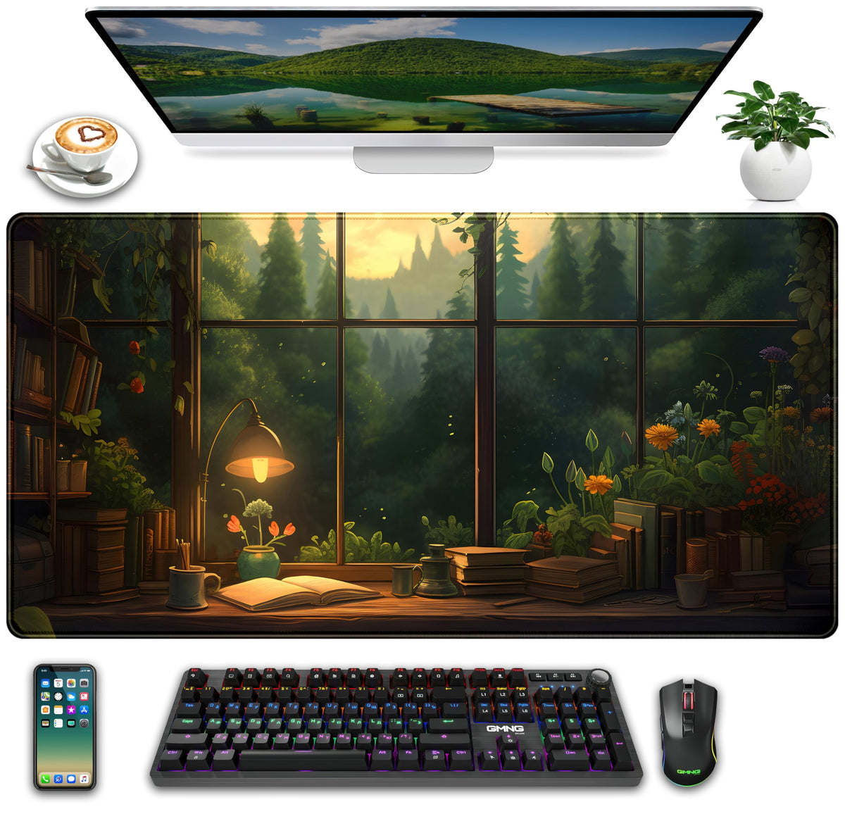 Cool Purple Kawaii Anime Moom Cat Desk Mat XXL Large Gaming Mouse Pad, Cute City Cats Desk Pad for Gamer Girl Women Office Desk Decor Mousepad, Computer Laptop Keyboard and Mouse Mat 31.5x15.75 in