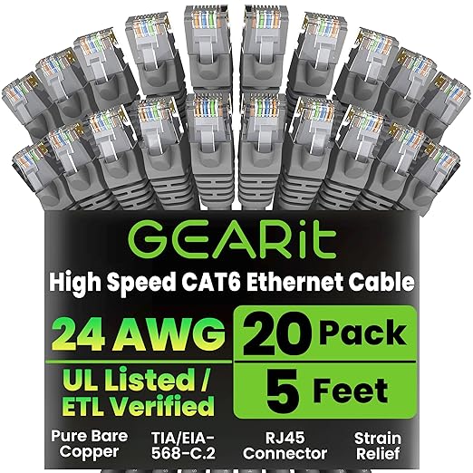 GEARit Cat 6 Ethernet Cable (20-Pack 5 Feet) Cat6 Network Patch, 10Gbps, RJ45, Snagless Cord, Gold-Plated Connectors, Internet for PC, TV, Tablet, Router, Printer, Servers, IT Data Center - Gray