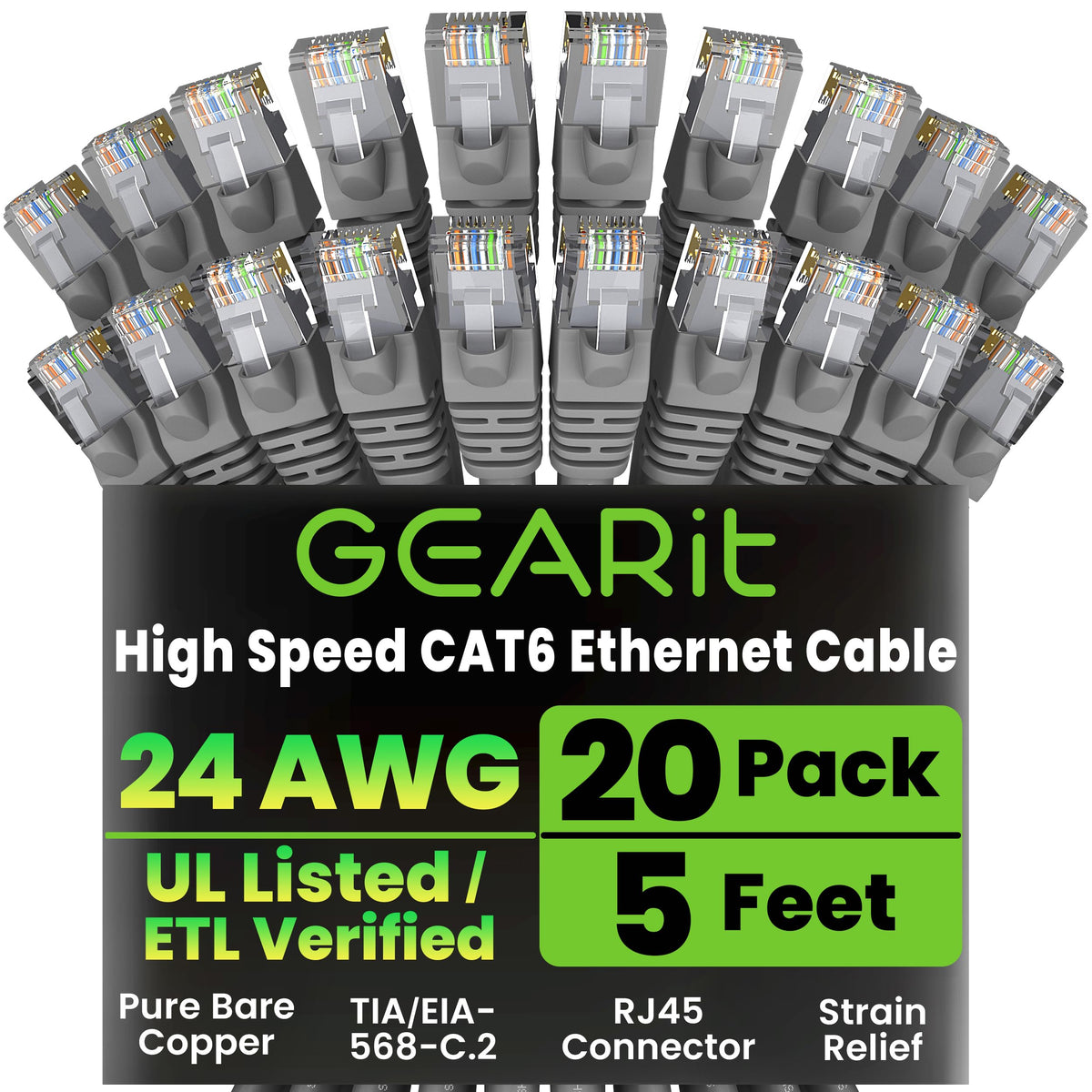 GEARit Cat6 Patch Cables Cat 6 Ethernet Cable 1 ft 20-Pack Purple