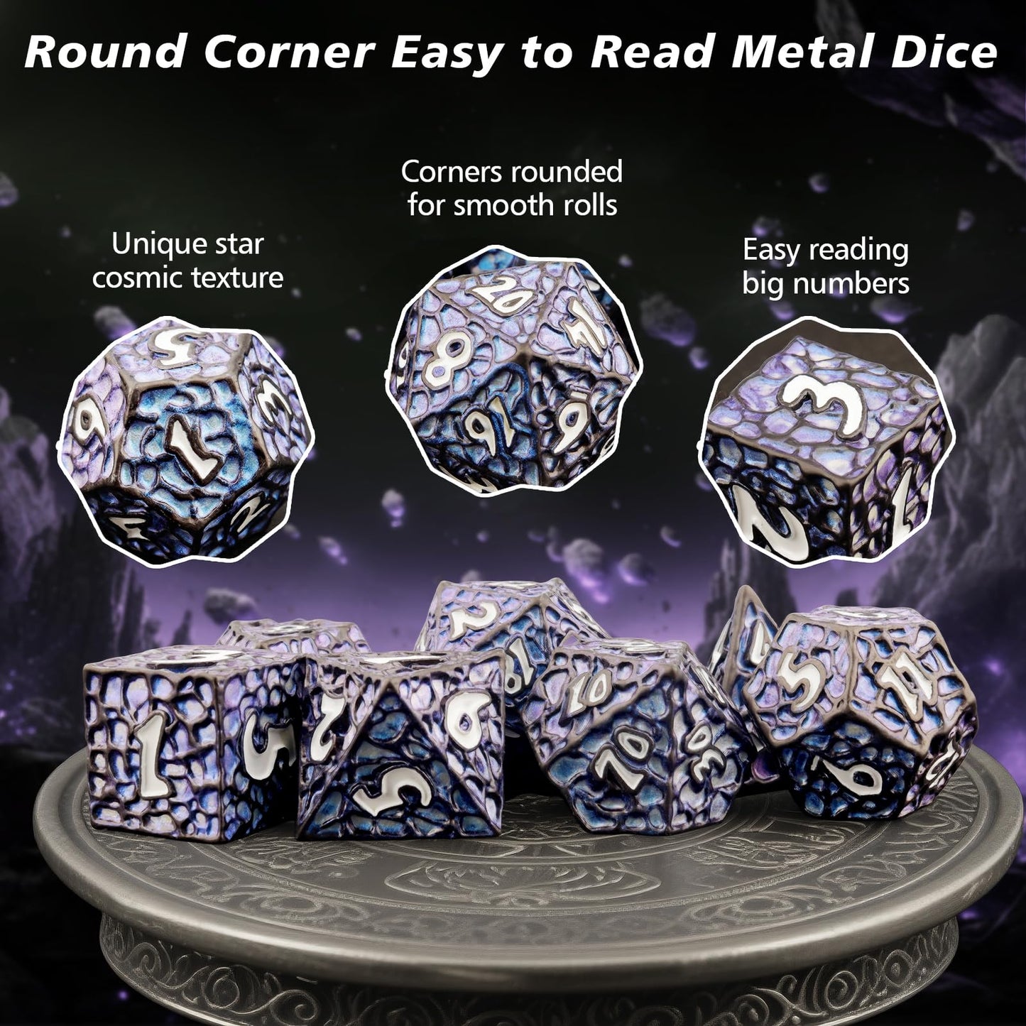 PJOY Metal DND Dice Set for Dungeons and Dragons Dice with Case Meteorite Black Blue Glitters 7PCS 16mm Role Playing Cool DND Gifts for Players D&D DM Game Masters