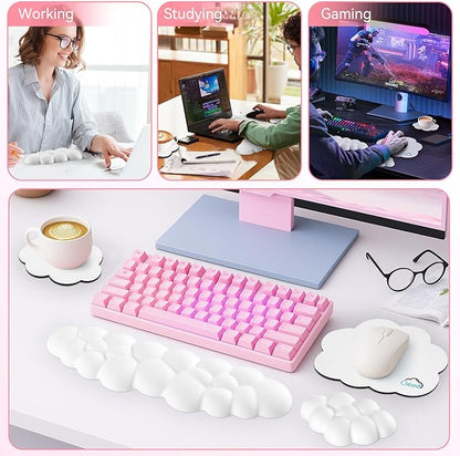 Cloud Wrist Rest for Computer Keyboard, 4-in-1 Memory Foam Leather Cloud Keyboard Wrist Rest and Mouse Pad Set with Ergonomic Support for Arm and Palm Cushion, Gaming/Work Setup, White