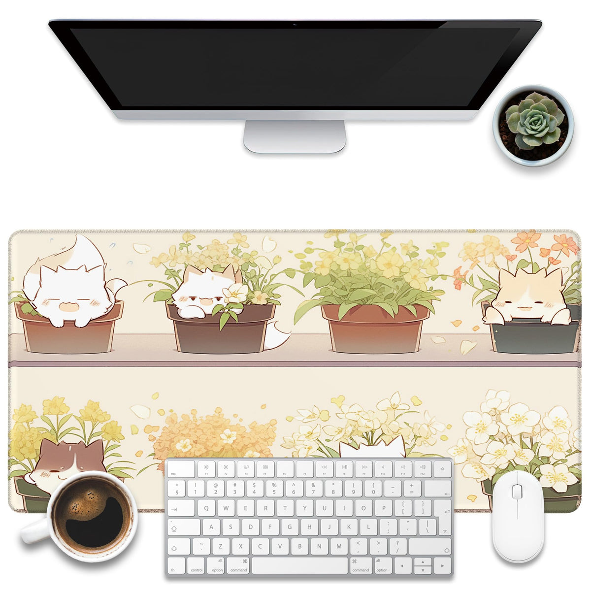 KOAIWPAE Desk Mat, Watercolor Pink Flowers Desk Pad, Green Leaves Flowers Large Gaming Mouse Pad for Desk, 31.5"x15.7" Extended Big Computer Keyboard Mouse Pad with Non-Slip Base and Stitched Edge