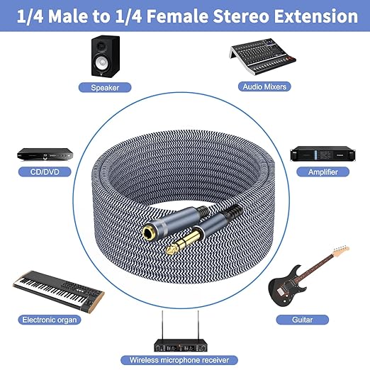 1/4 inch Extension Cable 40ft, 1/4"" inch Male to Female Stereo Headphone Guitar Extension Cable, Quarter inch Headphone Extension Cable, Grey
