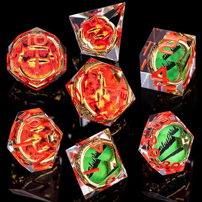 Magic Golden Ring DND Dice Set Sharp Edge Red Gaze Eye Resin Dice with Box, for use with RPG D&D Tabletop Games Lord D and D Polyhedral Dice Set