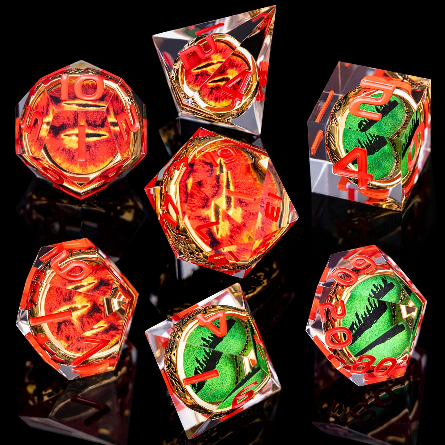 ORIFANTOU Magic Golden Ring DND Dice Set Sharp Edge Red Gaze Eye Resin Dice with Box, for use with RPG D&D Tabletop Games Lord D and D Polyhedral Dice Set