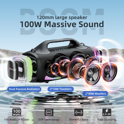 ZEALOT Bluetooth Speaker, 120W Booming Sound Speakers Wireless, Dual Pairing, XBass, 24000mAh, EQ,Fast Charge, Portable Outdoor Waterproof Speaker for Camping,Pool, Beach, and Party