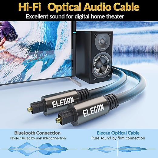 Elecan Optical Audio Cable 50 Ft Digital Audio Toslink Cable Cord-Fiber Optic-Gold Plated-Flexiable&Durable-for Home Theater,Sound Bar,PS4&Xbox-with 4 Right Angled and Mini Toslink Adapters+Ties