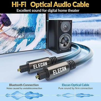Elecan Optical Audio Cable 200 Ft Digital Audio Toslink Cable Cord-Fiber Optic-Gold Plated-Flexiable&Durable-for Home Theater,Sound Bar,PS4&Xbox-with 4 Right Angled and Mini Toslink Adapters+Ties