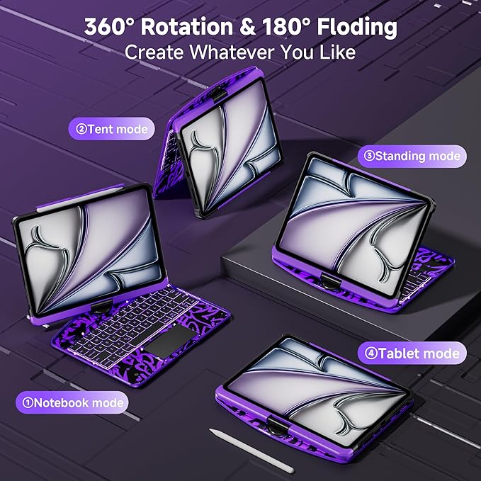 iPad Keyboard Case for 2024 M4 iPad Pro 11 inch, Magic Wireless Keyboard with Trackpad 7 Color Backlit, 360° Rotating Stand Transparent Protective Cover with Pencil Holder (Purple)